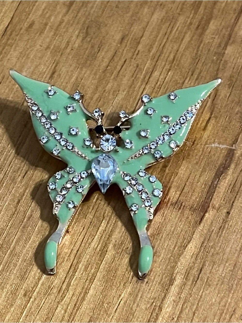 Mint green monarch butterfly brooch gold tone mintgreen enamel rhinestone 1 1/2”